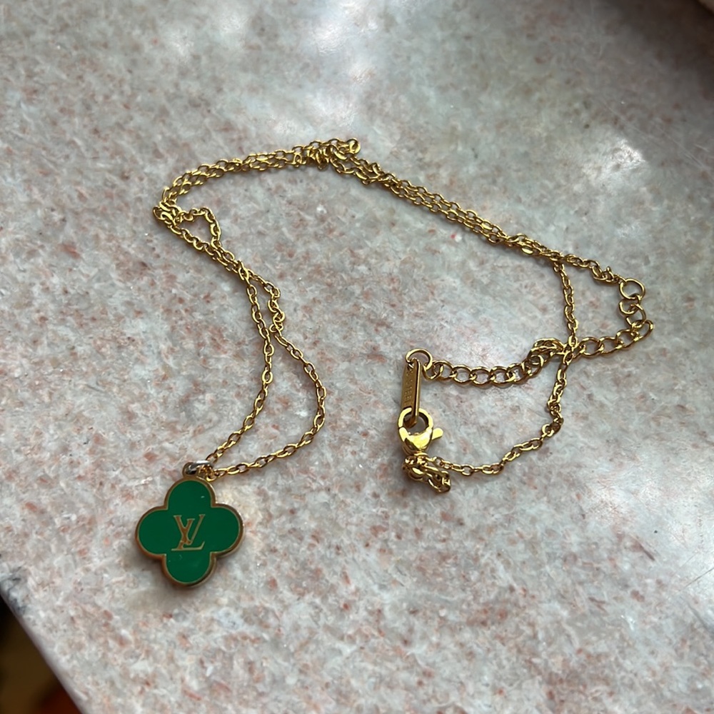 Louis Vuitton Green Enamel Logo Necklace